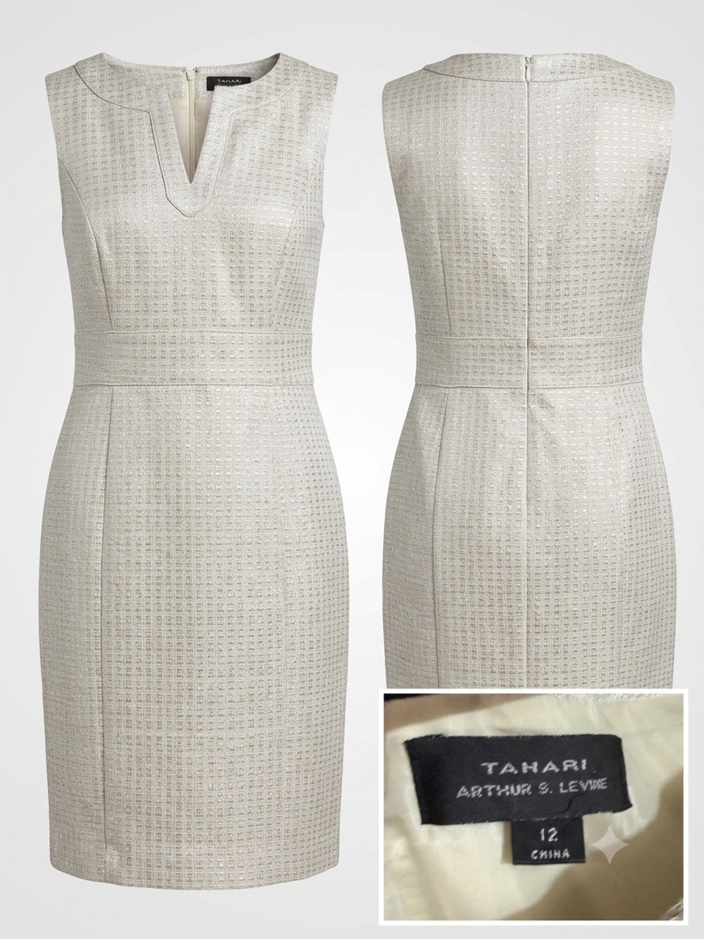 Tahari Ivory Textured V-Neck Midi Sheath Dress